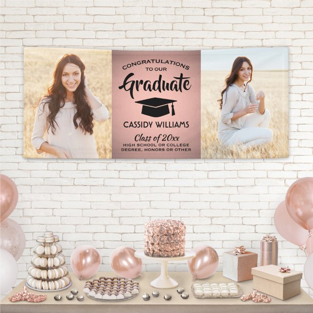 Congrats 2 Photo Pink and Black Trendy Graduation Banner (Creator Uploaded)