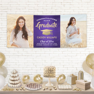 Congrats 2 Photo Purple Gold and White Graduation Banner