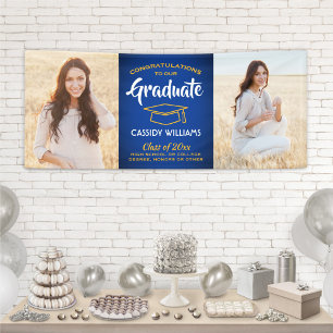 Congrats 2 Photo Royal Blue Gold Yellow Graduation Banner