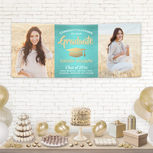 Congrats 2 Photo Teal Blue Gold Brushed Graduation Banner