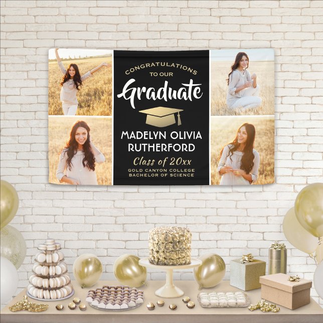 Congrats 4 Photo Black Gold and White Graduation Banner (Creator Uploaded)