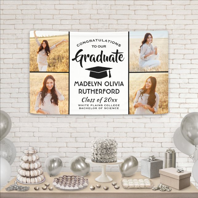 Congrats 4 Photo Modern Black and White Graduation Banner (Creator Uploaded)
