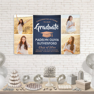 Congrats 4 Photo Navy Blue Copper White Graduation Banner