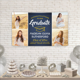Congrats 4 Photo Navy Blue Gold Yellow Graduation Banner