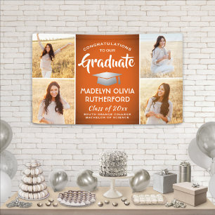Congrats 4 Photo Orange White & Silver Graduation Banner