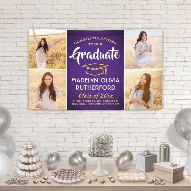 Congrats 4 Photo Purple Gold Yellow Graduation Banner (Creator Uploaded)
