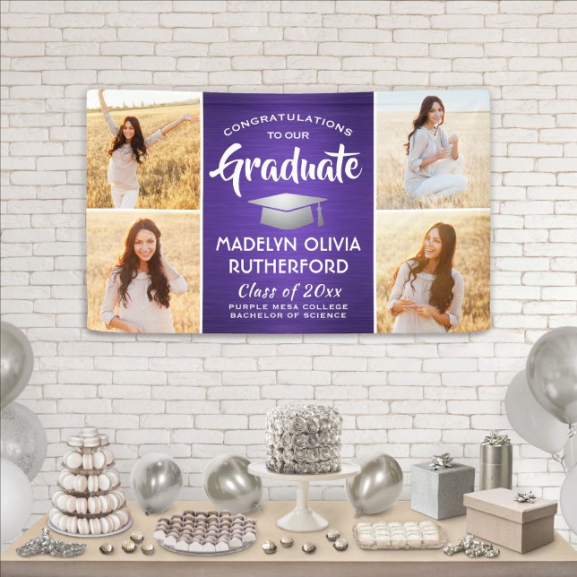 Congrats 4 Photo Purple White & Silver Graduation Banner (Creator Uploaded)