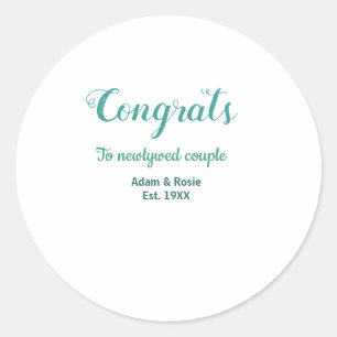 Congrats blue green wedding couple name est. year classic round sticker