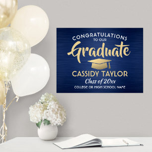 Congrats Brushed Navy Blue Gold & White Graduation Poster