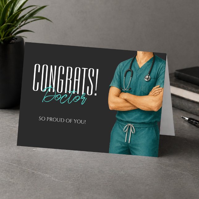 Congrats Doctor Graduation Greeting Card (Congrats doctor greeting card with modern masculine design and bold medical theme)