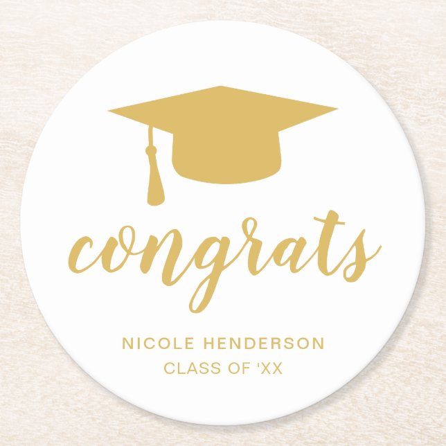 Congrats Elegant Gold and White Graduation Cap Round Paper Coaster (Front)