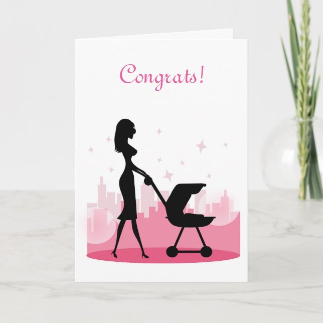 Congrats - Fashionable Mommy Pushing Baby Carriage Card (Front)