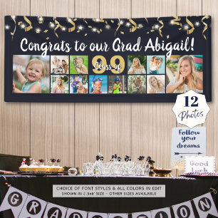 Congrats Grad 12 Photo Collage Black Gold Confetti Banner