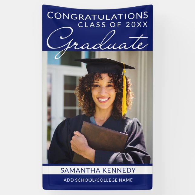 Congrats Grad 1 Photo Blue Vertical Graduation Banner (Vertical)