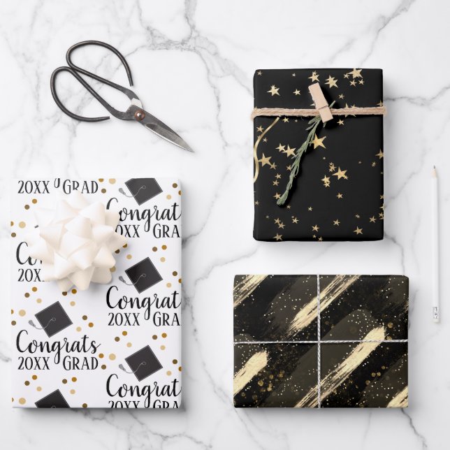 Congrats Grad 2024 Black and Gold Wrapping Paper (Front)