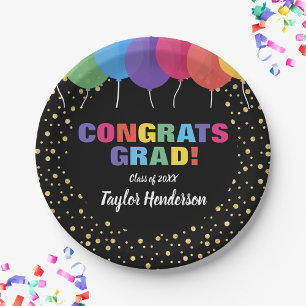 Congrats Grad Balloons Gold Confetti Graduation Paper Plate