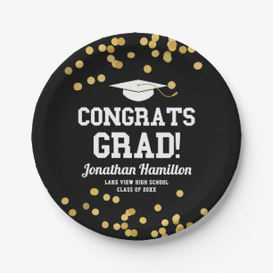 Congrats Grad Black Gold Grad Party Paper Plate