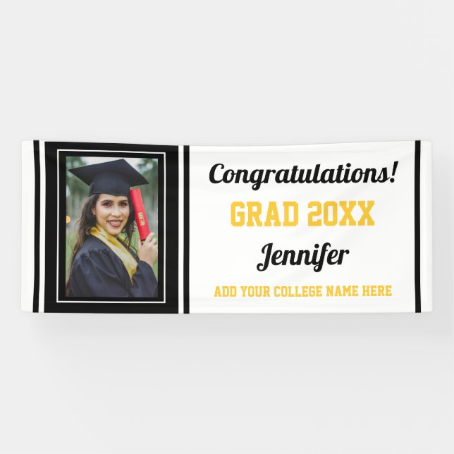 Congrats Grad  Black Gold White Photo Graduation Banner (Horizontal)