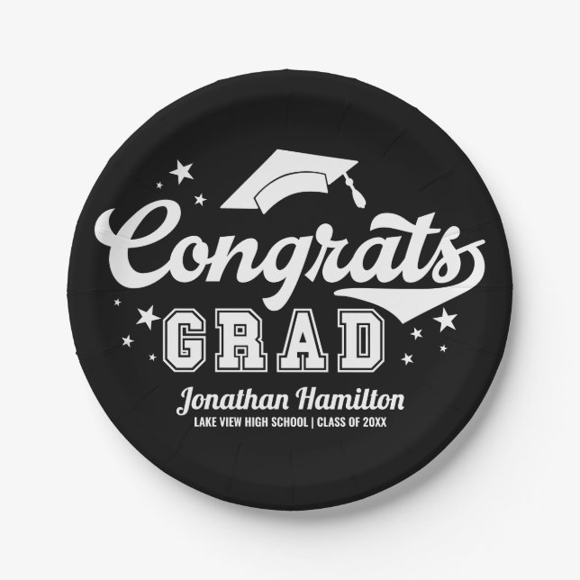 Congrats Grad Black Graduation Party Paper Plate (Front)