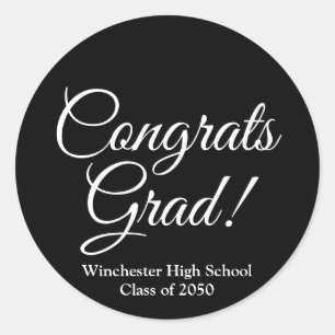 Congrats grad black white custom school class year classic round sticker