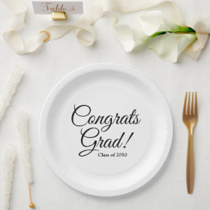 Congrats grad black white custom script class year paper plate