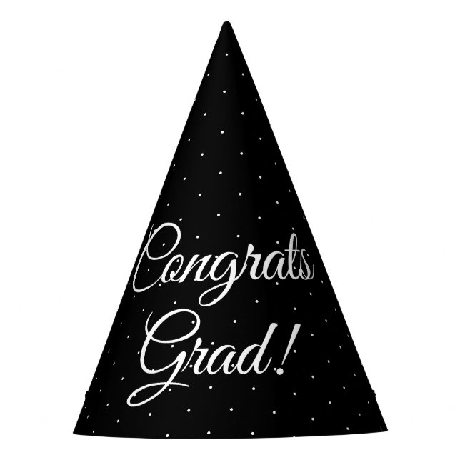 Congrats Grad black white script polka dot elegant Party Hat (Front)