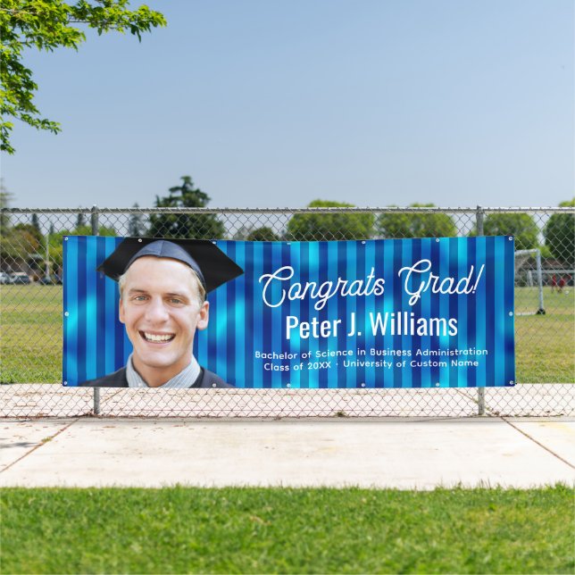 Congrats Grad Blue Lines Pattern Men Custom Photo Banner (Insitu)