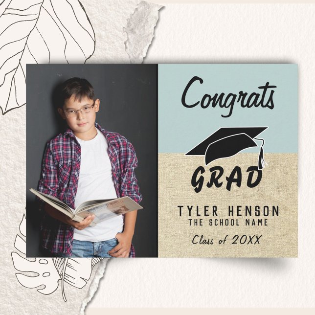 Congrats Grad Blue Rustic Photo Graduation Card (Creator Uploaded)