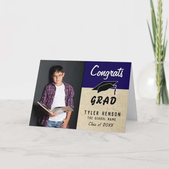 Congrats Grad Blue Rustic Photo Graduation Card (Front)