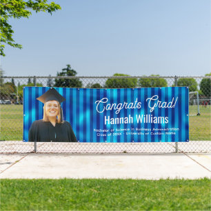 Congrats Grad Blue Stripes Pattern Custom Photo Banner
