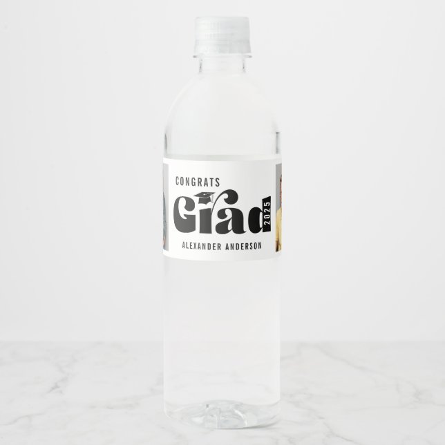 Congrats Grad Bold Typography 2 Photos Graduation Water Bottle Label (Front)