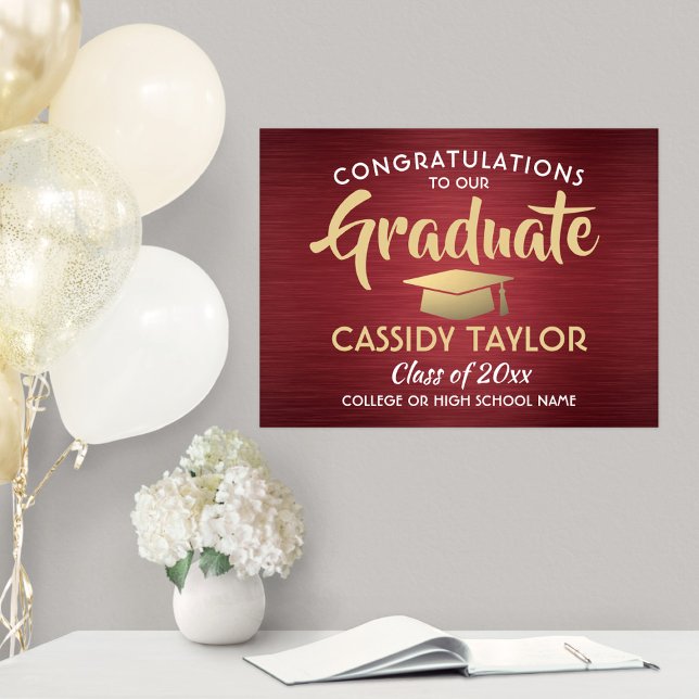 Congrats Grad Brushed Burgundy and Gold Graduation Poster (Creator Uploaded)