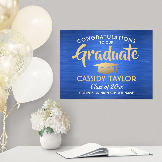 Congrats Grad Brushed Royal Blue & Gold Graduation Poster (Creator Uploaded)