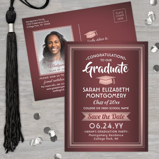 Congrats Grad Burgundy & Pink Save the Date Photo Announcement Postcard (Creator Uploaded)