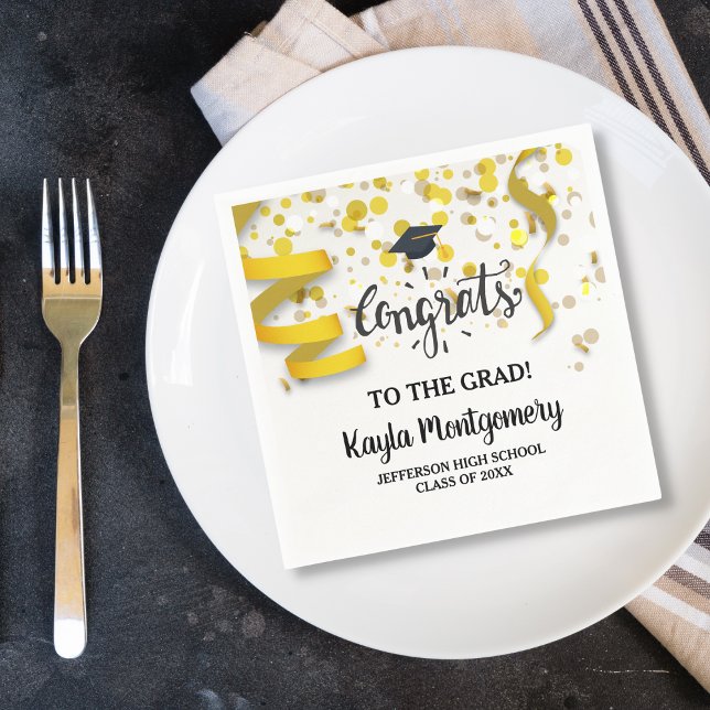 Congrats Grad Cap Gold Confetti Streamers Custom Napkin (Creator Uploaded)