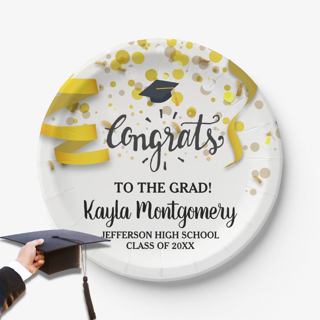 Congrats Grad Cap Gold Confetti Streamers Custom Paper Plate (Creator Uploaded)