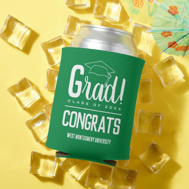 Congrats Grad Cap Green Can Cooler (In Situ Summer)