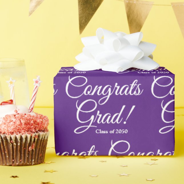 Congrats grad custom class year script text purple wrapping paper (Birthday Party)