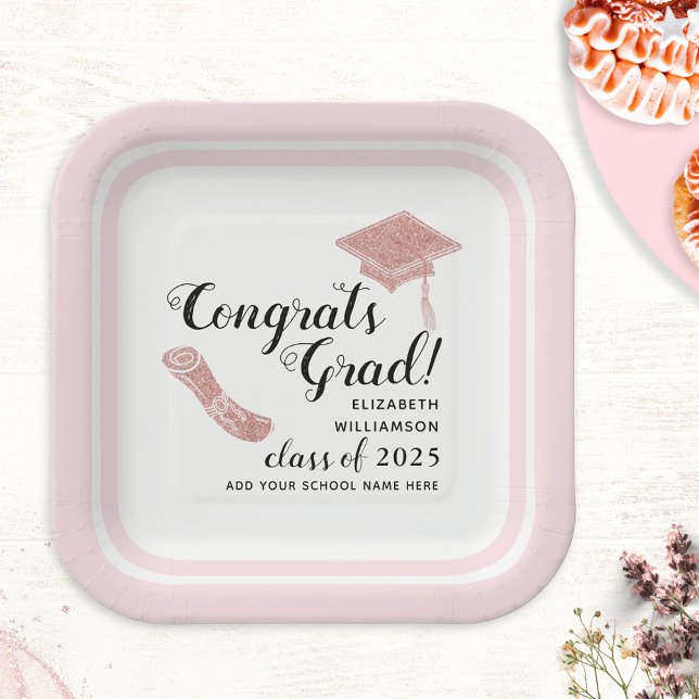 Congrats Grad Elegant Pink Class 2025 Graduation Paper Plate (Creator Uploaded)
