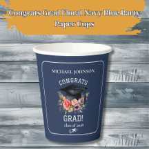 Congrats Grad Floral Navy Blue Party Paper Plates