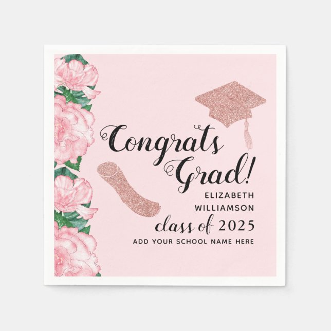 Congrats Grad Floral Pink Class 2025 Graduation Napkin (Front)