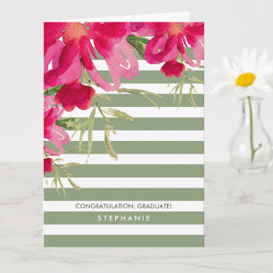 Congrats Grad. Fuchsia Floral   Stripe Pattern  Card