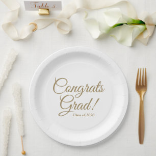 Congrats grad gold script class year elegant paper plate