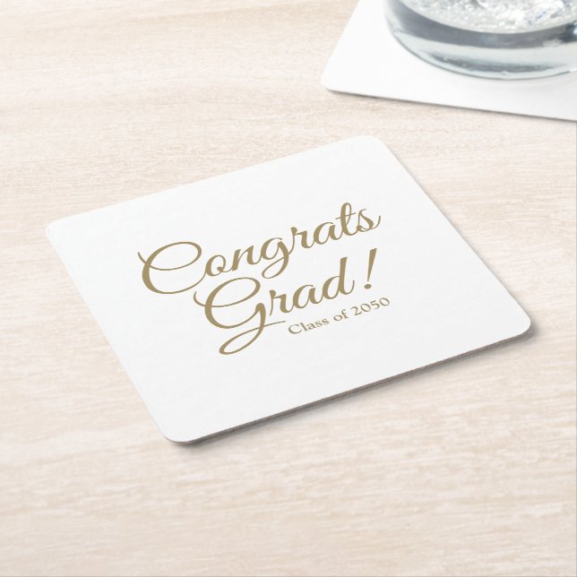 Congrats grad gold script class year elegant square paper coaster (Angled)