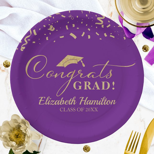 Congrats Grad Gold Script Graduation Party Purple Paper Plate (Creator Uploaded)