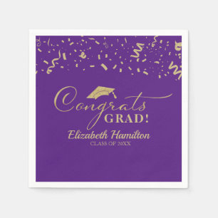 Congrats Grad Gold Script Graduation Purple Napkin