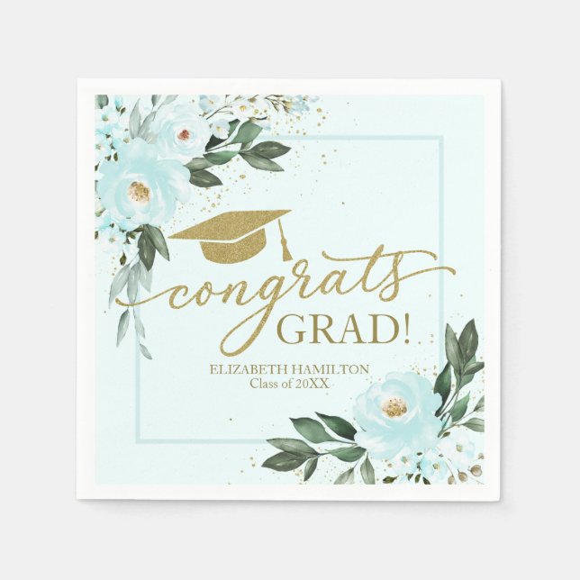 Congrats Grad Gold Teal Floral Graduation Party Napkin (Front)