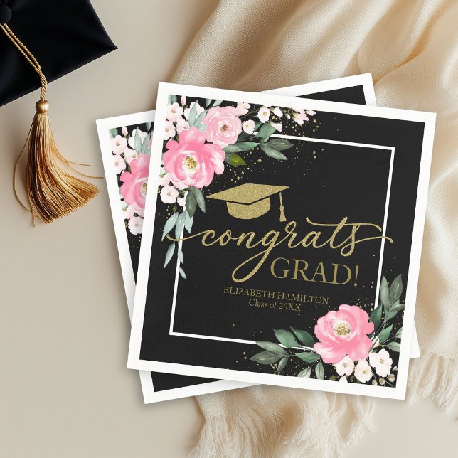 Congrats Grad Hot Pink Floral Graduation Black  Napkin (Creator Uploaded)