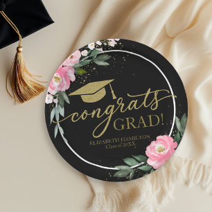 Congrats Grad Hot Pink Floral Graduation Party Paper Plate