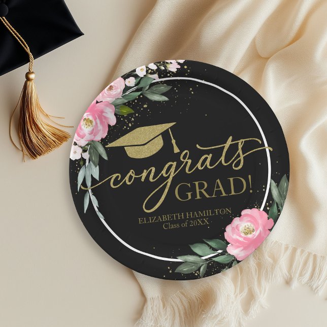 Congrats Grad Hot Pink Floral Graduation Party Paper Plate (Creator Uploaded)
